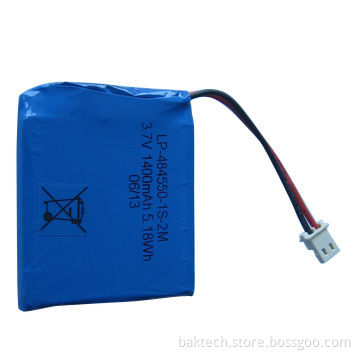 Li-polymer, 3.7V, 1400mAh, 1S1P, cell" 484550P with PCM, lead out wires and connector